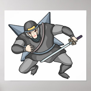 Cyber-Ninja mit Shuriken auf dem Rücken. Poster