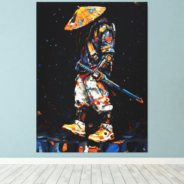 Cyber Ninja Palette Knife Neon Orange Impasto Leinwanddruck (Insitu (Holzboden))