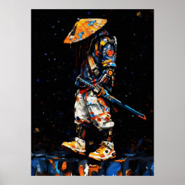 Cyber Ninja Palette Knife Neon Orange Impasto Poster