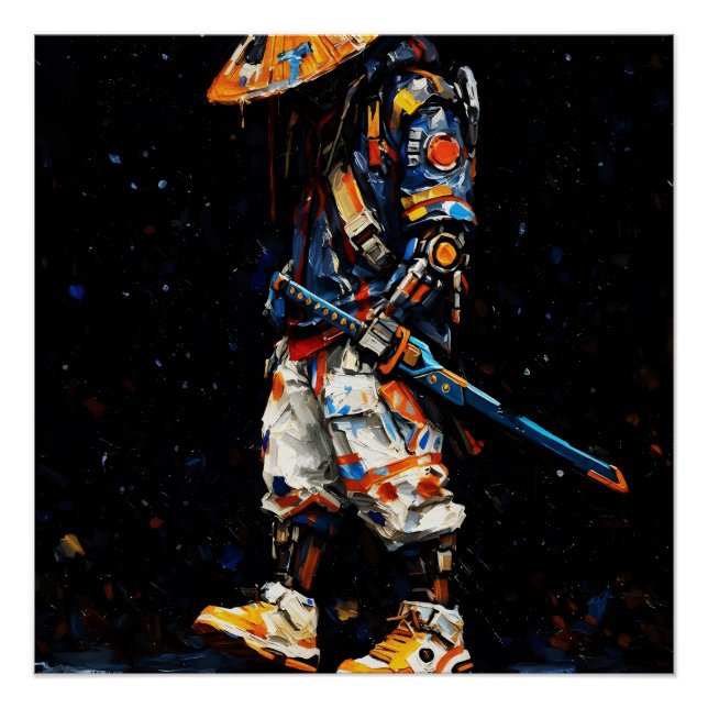 Cyber Ninja Palette Knife Neon Orange Impasto Poster (Vorderseite)