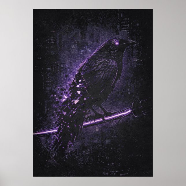 Cyber-Omen, Raben-Krähen-Matrix-Abstrakte Kunst Poster (Vorne)