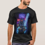 Cyber-Ozzy: No Rest for the Wicked T-Shirt<br><div class="desc">Dive into a world of electric madness and paranoia with the "Cyber-Ozzy: No Rest for the Wicked" design, a futuristic tribute to the Prince of Darkness, perfectly suited for black apparel. This striking artwork features a futuristic knight, confined in a psych-ward straitjacket, yet powerfully wielding a glowing sword etched with...</div>