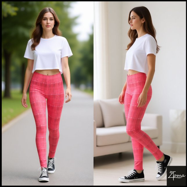 Cyber Pink Glitch Texturiertes Karomuster Leggings (Von Creator hochgeladen)