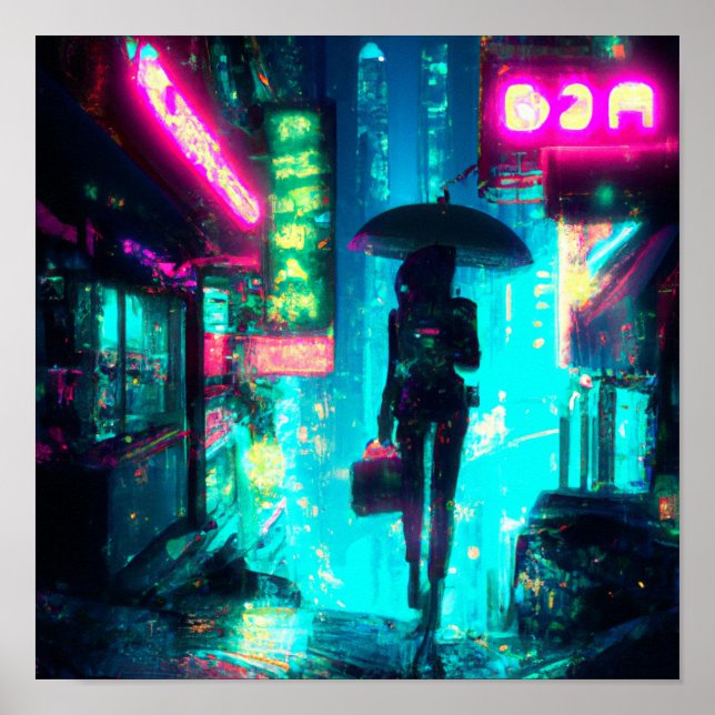 Cyber Punk Art City Nacht Neonschilder Poster (Vorne)