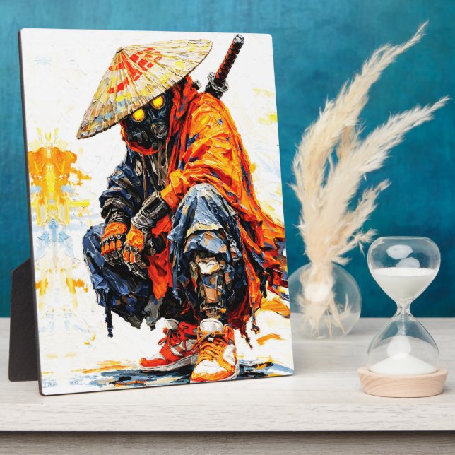 Cyber Samurai Palette Knife Neon Orange Impasto Fotoplatte (Seite)
