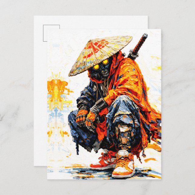 Cyber Samurai Palette Knife Neon Orange Impasto Postkarte (Vorne/Hinten)
