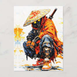 Cyber Samurai Palette Knife Neon Orange Impasto Postkarte