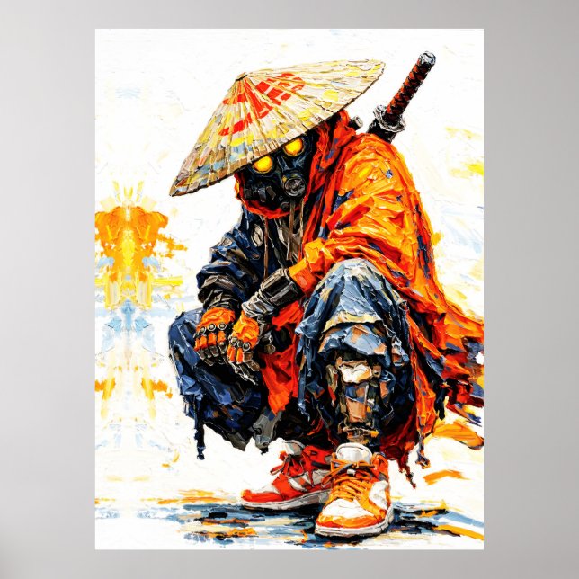 Cyber Samurai Palettenmesser Neonorange Impasto Poster (Vorne)
