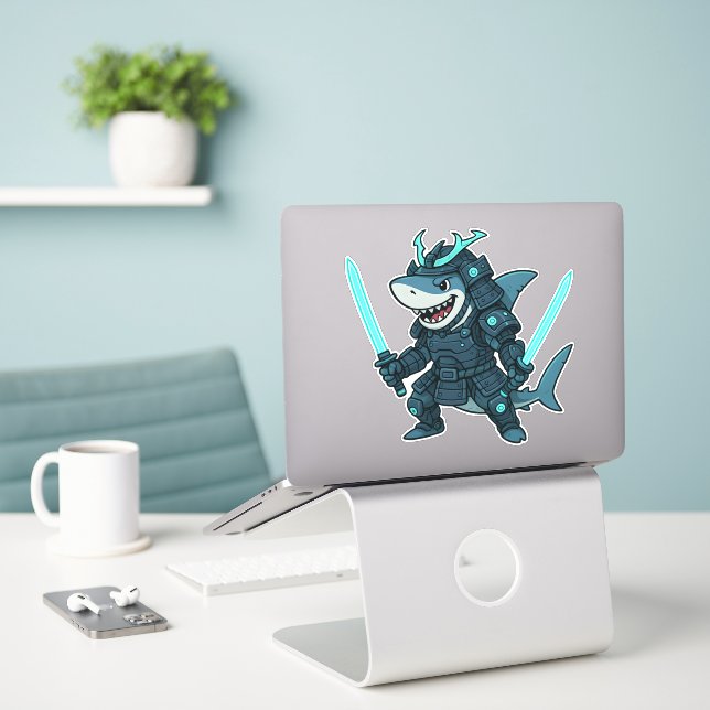 Cyber Shark in Armor with Dual Swords Sticker (Laptop auf Schreibtisch)