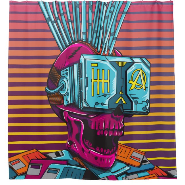 Cyber Skull Virtual Reality Cyberpunk-Diskette  Duschvorhang (Vorderseite)