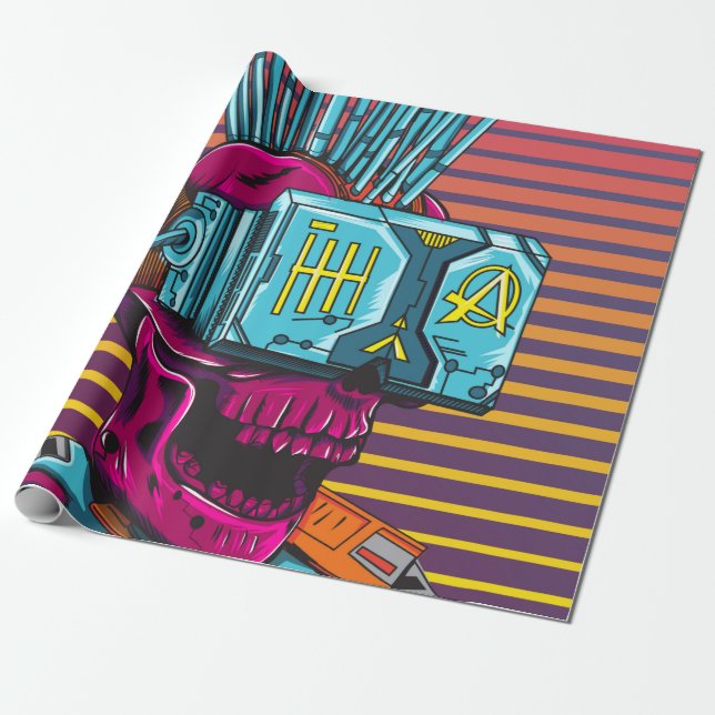 Cyber Skull Virtuelle Realität Cyberpunk Diskette  Geschenkpapier (Ungerollt)