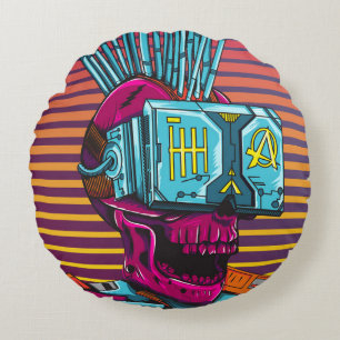 Cyber Skull Virtuelle Realität Cyberpunk Diskette Rundes Kissen