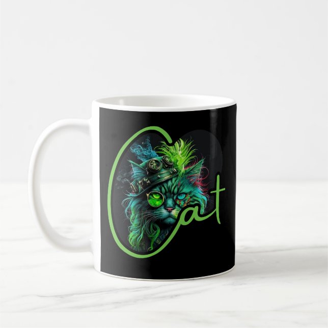 Cyber Steampunk Cat - Neon Futuristic Cat Lover Kaffeetasse (Links)