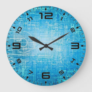 Cyber-Tech-Blueprint - Elektrisch blaue Wanduhr