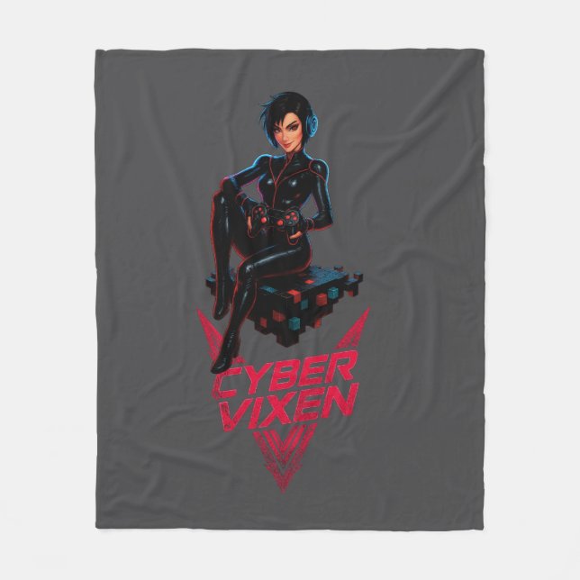 Cyber Vixen Gamer Girl - Gray Video Gaming Graphic Fleecedecke (Vorderseite)