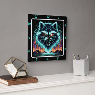 Cyber Waschbär Neon Skyline  Quadratische Wanduhr
