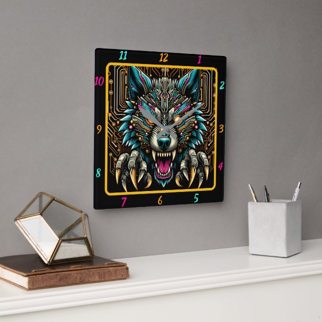 Cyber Wolf Electric Neon Color Art Quadratische Wanduhr (Büro)
