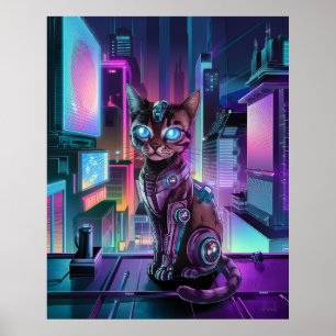 Cybernetic Cat - Futuristic Neon City AI Companion Poster