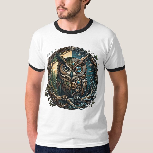Cybernetic Owl Nature vs Technology Steampunk T-Shirt (Vorderseite)