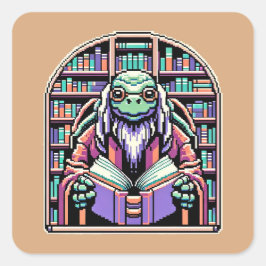 Cybernetic Turtle Librarian - Pixel Wisdom Keeper Quadratischer Aufkleber
