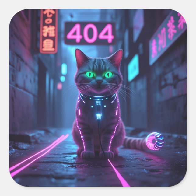Cyberpunk 404 Error Neon Cat Sticker (Vorderseite)