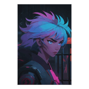 Cyberpunk-Anime-Girl mit Neon-Haar – Futuristisch Poster