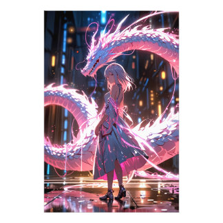 Cyberpunk-Anime-Girl Neon-Drache Fantasy-Kunst Fotodruck