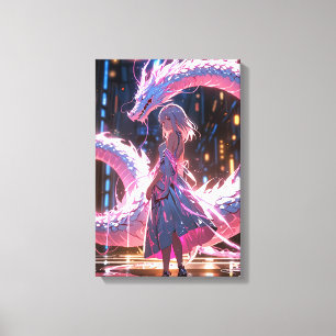 Cyberpunk-Anime-Girl Neon-Drache Fantasy-Kunst Leinwanddruck