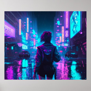 Cyberpunk-Anime-Girl regnerisch Stadtplakat Poster