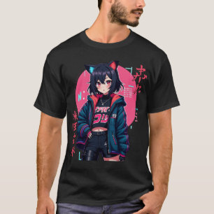 Cyberpunk Anime Girl with Cat Ears- Neon Ästhetik T-Shirt