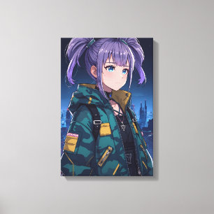 Cyberpunk-Anime-Girl-Zöpfe-Camo-Jacke-Kunst Leinwanddruck