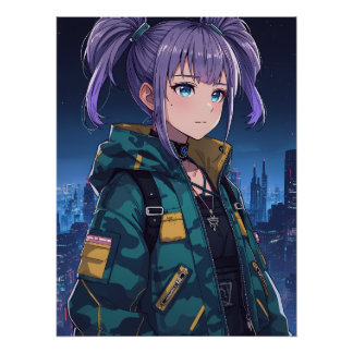 Cyberpunk-Anime-Girl-Zöpfe-Camo-Jacke-Kunst Poster