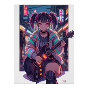 Cyberpunk-Anime-Rocker-Gitarren-Kunst Poster