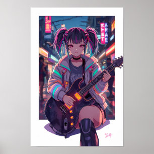 Cyberpunk-Anime-Rocker-Gitarren-Kunst Poster