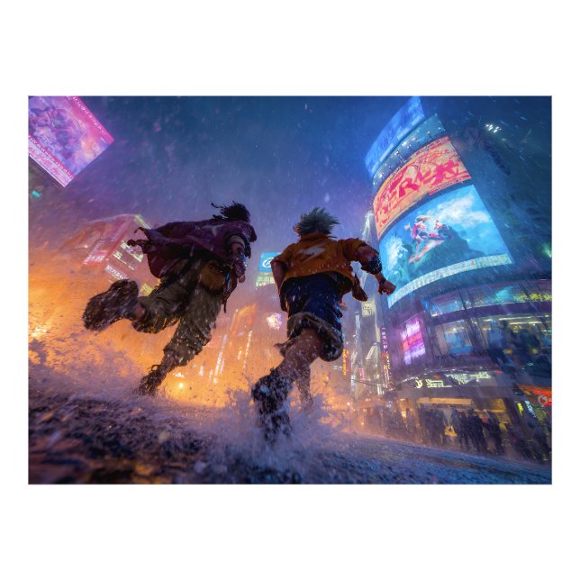 Cyberpunk Anime Warriors Rain Fight Fotodruck (Vorne)