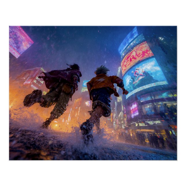 Cyberpunk Anime Warriors Rain Fight Poster (Vorderseite)
