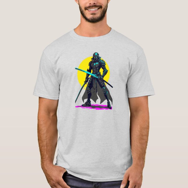 Cyberpunk Armored Samurai Neon Warrior Art T-Shirt (Vorderseite)