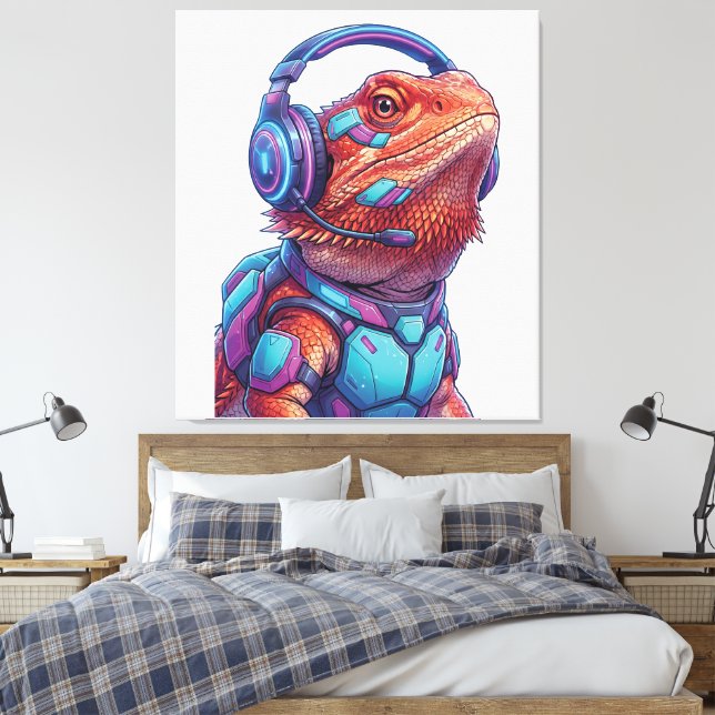 Cyberpunk-Bartiger Drache - Gamer-Echse mit Köpfen Leinwanddruck (Insitu (Schlafzimmer))