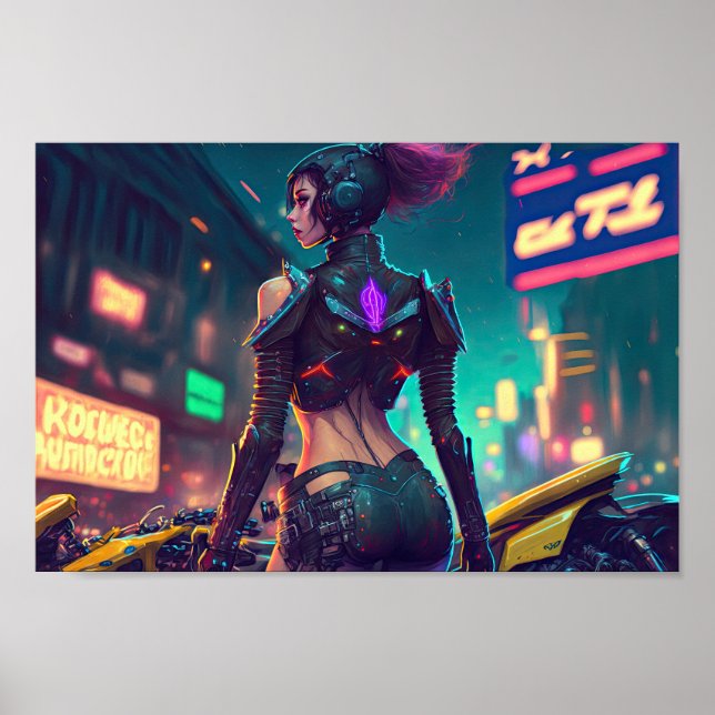 Cyberpunk-City-Neonlicht-Motorrad-Frau Poster (Vorne)