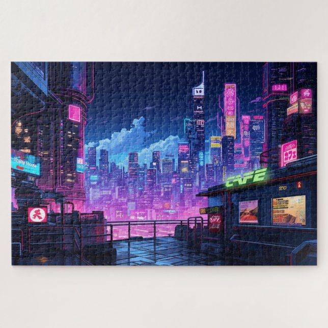 Cyberpunk City Night Café Puzzle (Horizontal)
