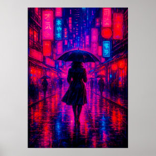 Cyberpunk City Night mit Neon Lights und Regenschi Poster