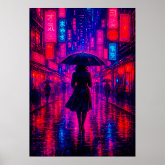Cyberpunk City Night mit Neon Lights und Regenschi Poster