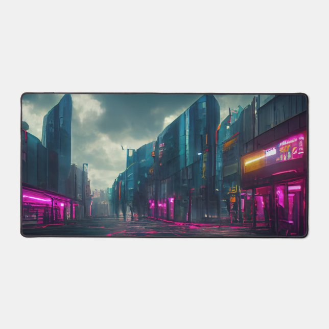 Cyberpunk City Street Neon Lights Gamers Geschenk Schreibtischunterlage (Vorderseite)