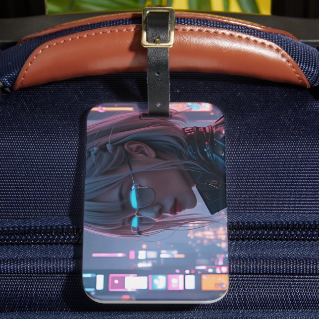 Cyberpunk Cityscape Poster Futuristische Weibliche Gepäckanhänger (Vorderseite Insitu 2)