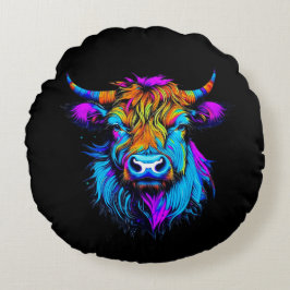 Cyberpunk Colorful Ai Highland Cow Rundes Kissen