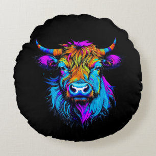 Cyberpunk Colorful Ai Highland Cow Rundes Kissen