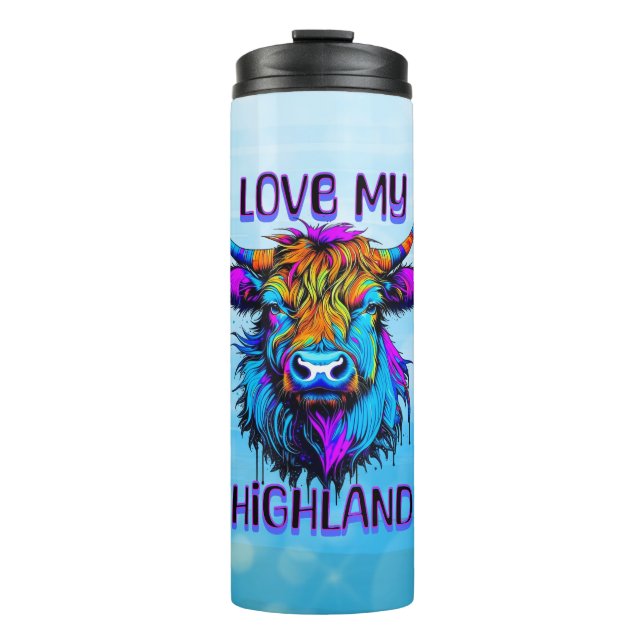 Cyberpunk Colorful Ai Highland Cow Thermosbecher (Vorderseite)