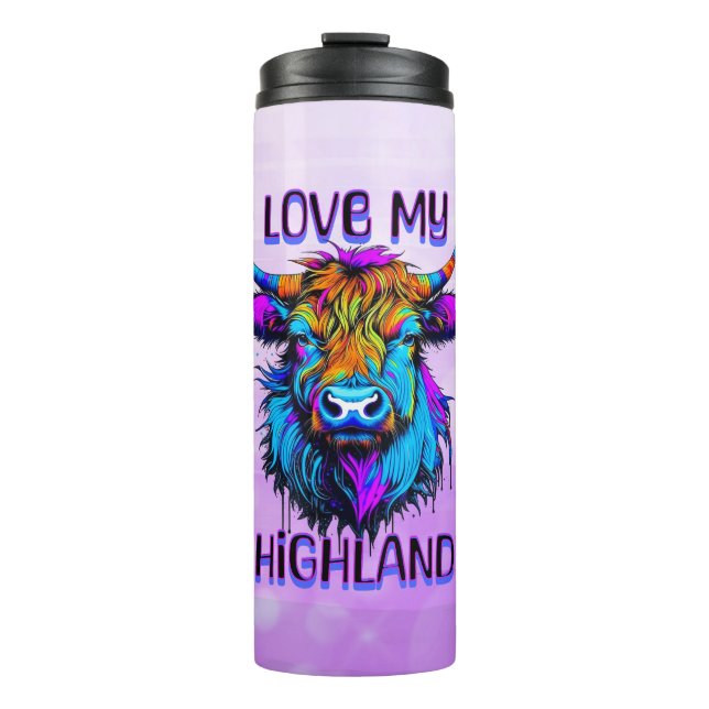 Cyberpunk Colorful Ai Highland Cow Thermosbecher (Vorderseite)