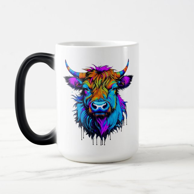 Cyberpunk Colorful Ai Highland Cow Verwandlungstasse (Links)