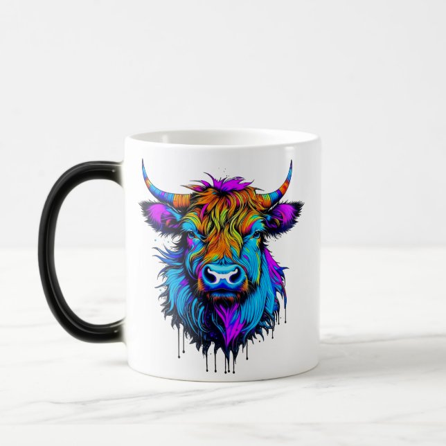 Cyberpunk Colorful Ai Highland Cow Verwandlungstasse (Links)